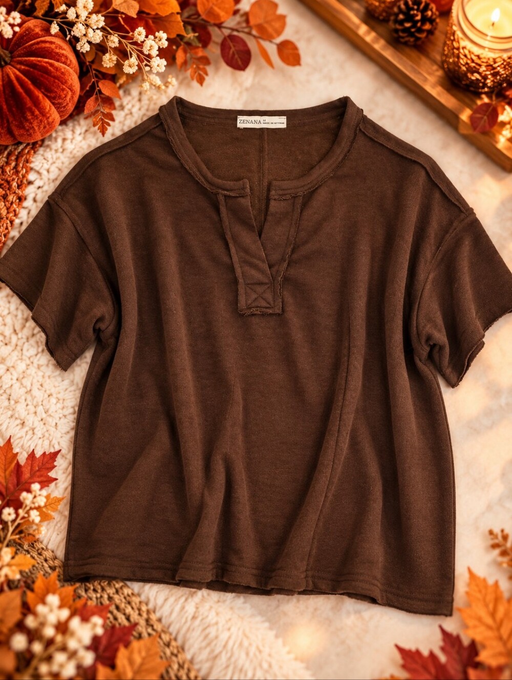 Zenana Brown Exposed Seam Raw Edge Split Neck Oversized Top M NWOT
